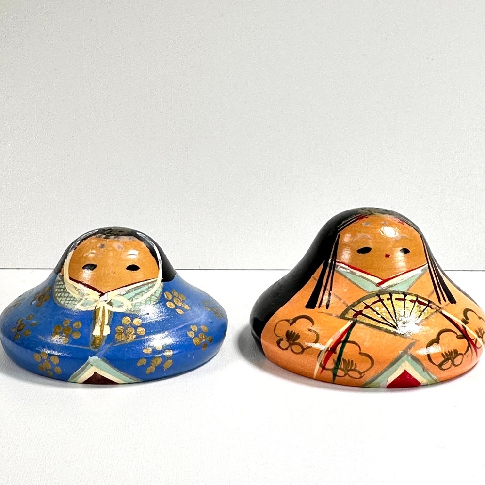Vintage Japanese Hina Kokeshi Dolls Set Blue Orange Wood Folk Art Handpainted